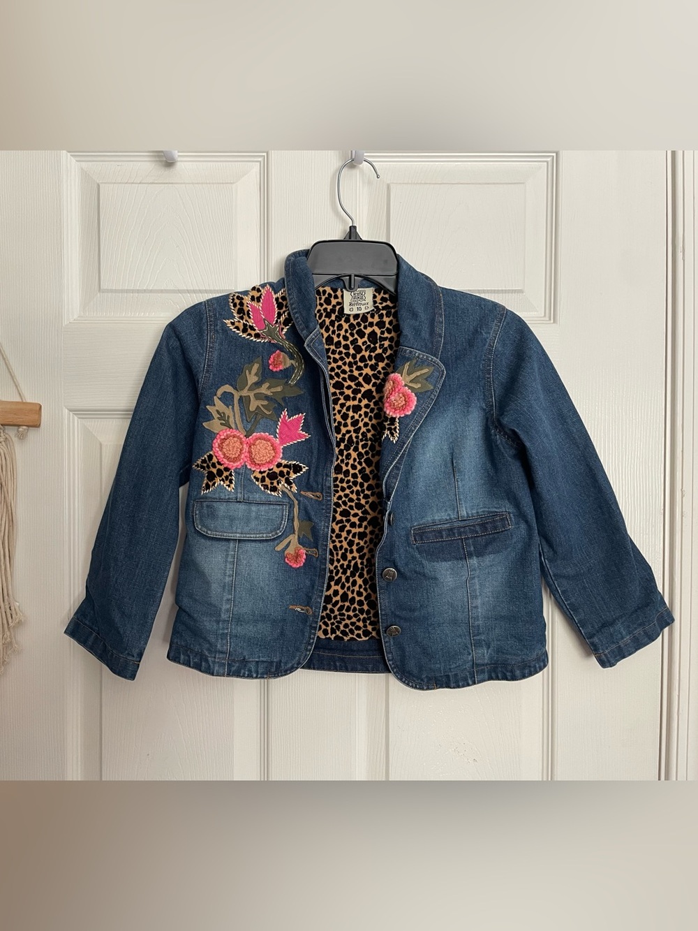 Beerlejuice Girls 10 Embroidered Denim Jacket w Leopard Lining & Floral Accents